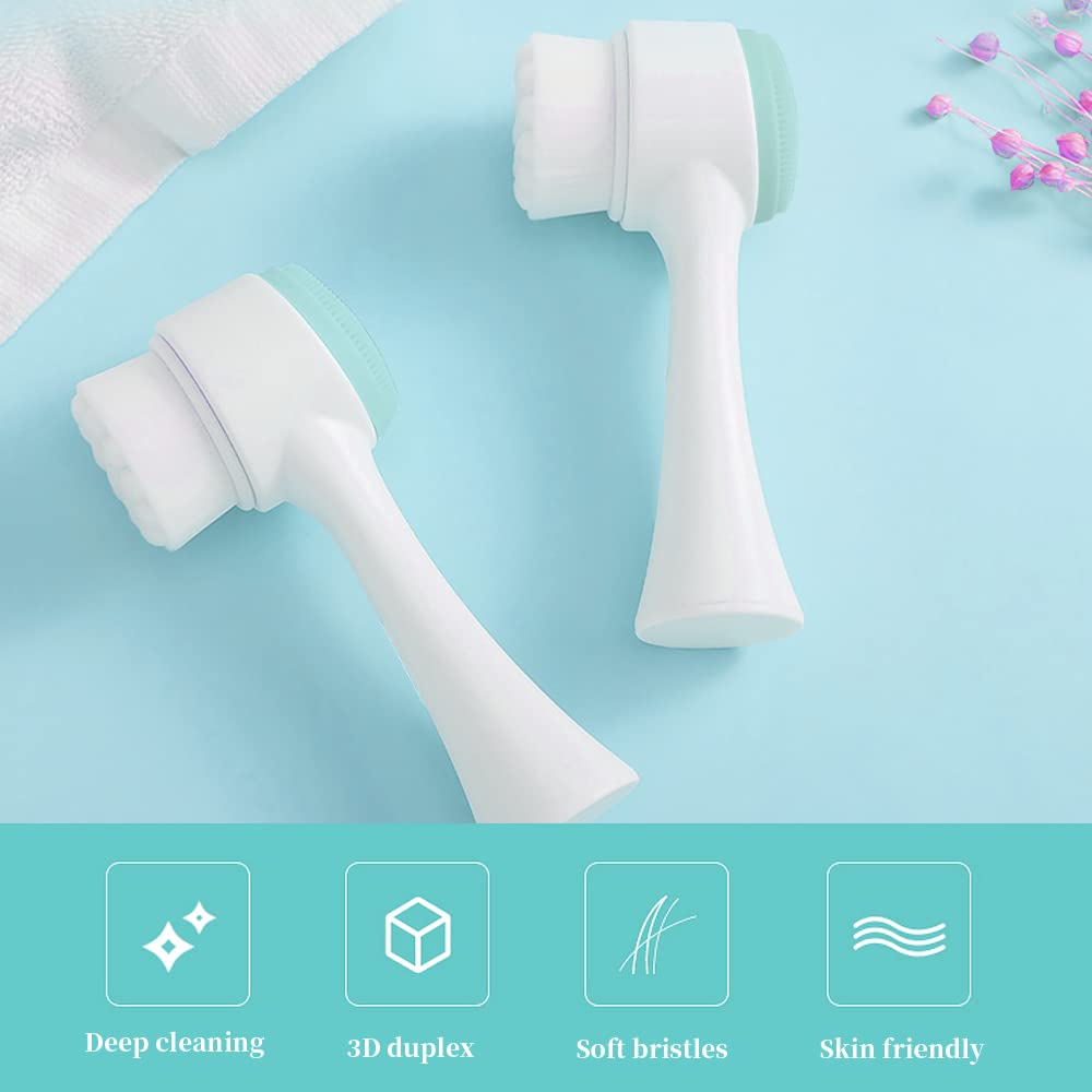 Double Sides Face Brushs, 3D Stand Vertical Silicone Facial Wash Brush, 2 in 1 Facial Cleansing Brush Manual Dual-Action Face Brush for Sensitive, Delicate, Dry Skins (2Pack/Blue)