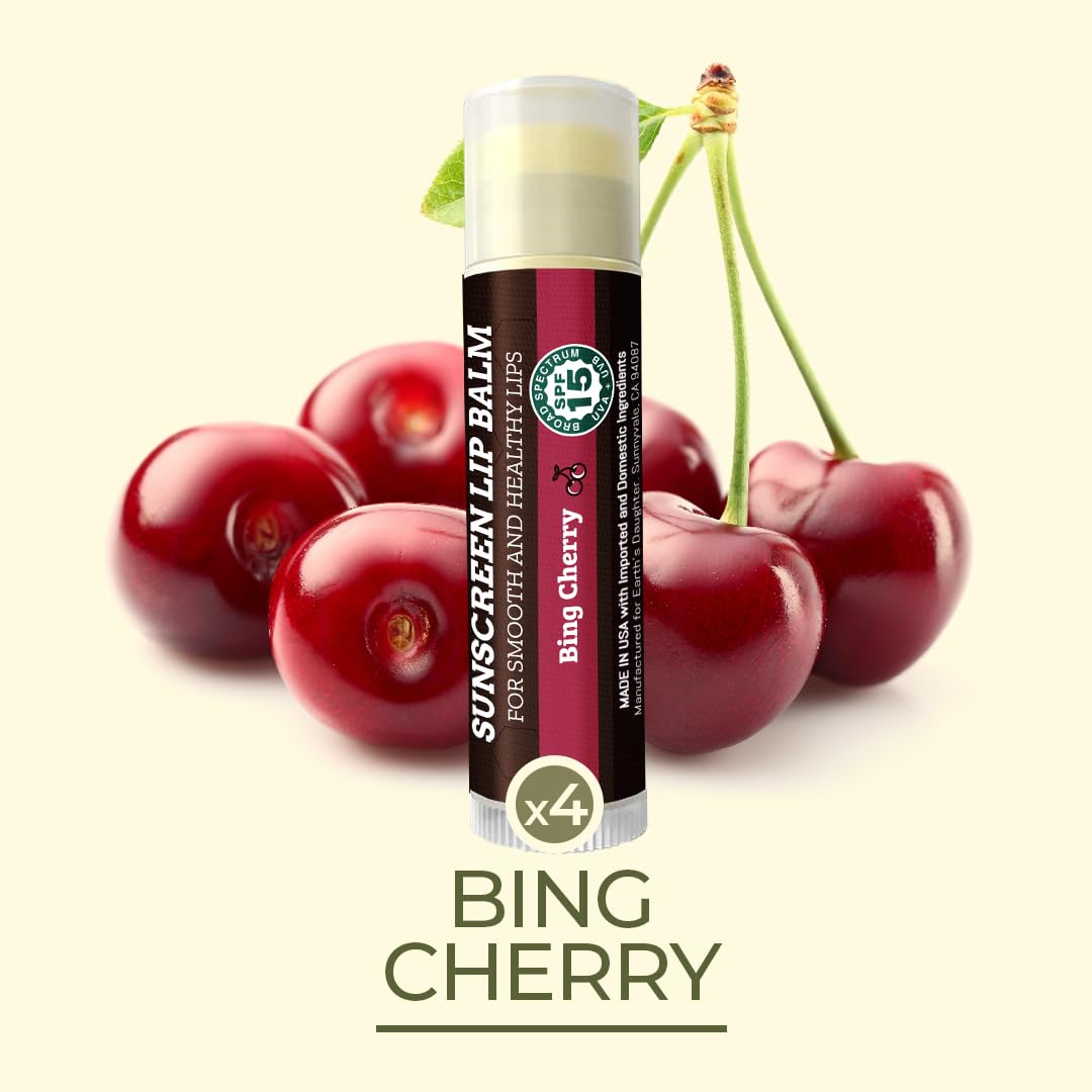 Earth's Daughter SPF Lip Balm Cherry Flavor 4-Pack - Lip Sunscreen, SPF 15, Organic Ingredients, Beeswax, Coconut Oil, Vitamin E - Hypoallergenic, Paraben Free, Gluten Free