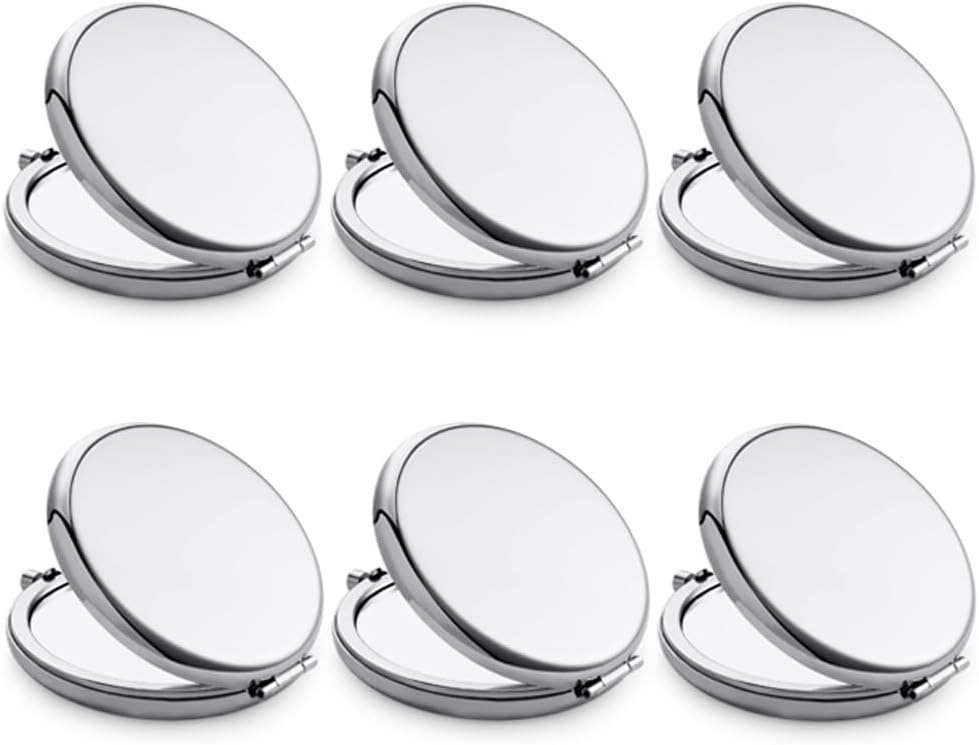 Compact Mirror, Pocket Travel Makeup Mirror for Purse, Metal Round Shell, 2-Sided 1X/2X Magnifying, Portable, Folding, Handheld, Silver, 6 Pack