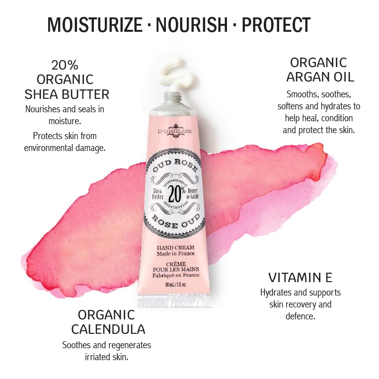 La Chatelaine 20% Shea Butter Hand Cream Travel Size, New Scent, Organic Argan Oil, Moisturizing, Nourishing, Repairing, Extra-Rich Hand Lotion, Made in France, Paraben Free, 1 oz / 30ml (Oud Rose)