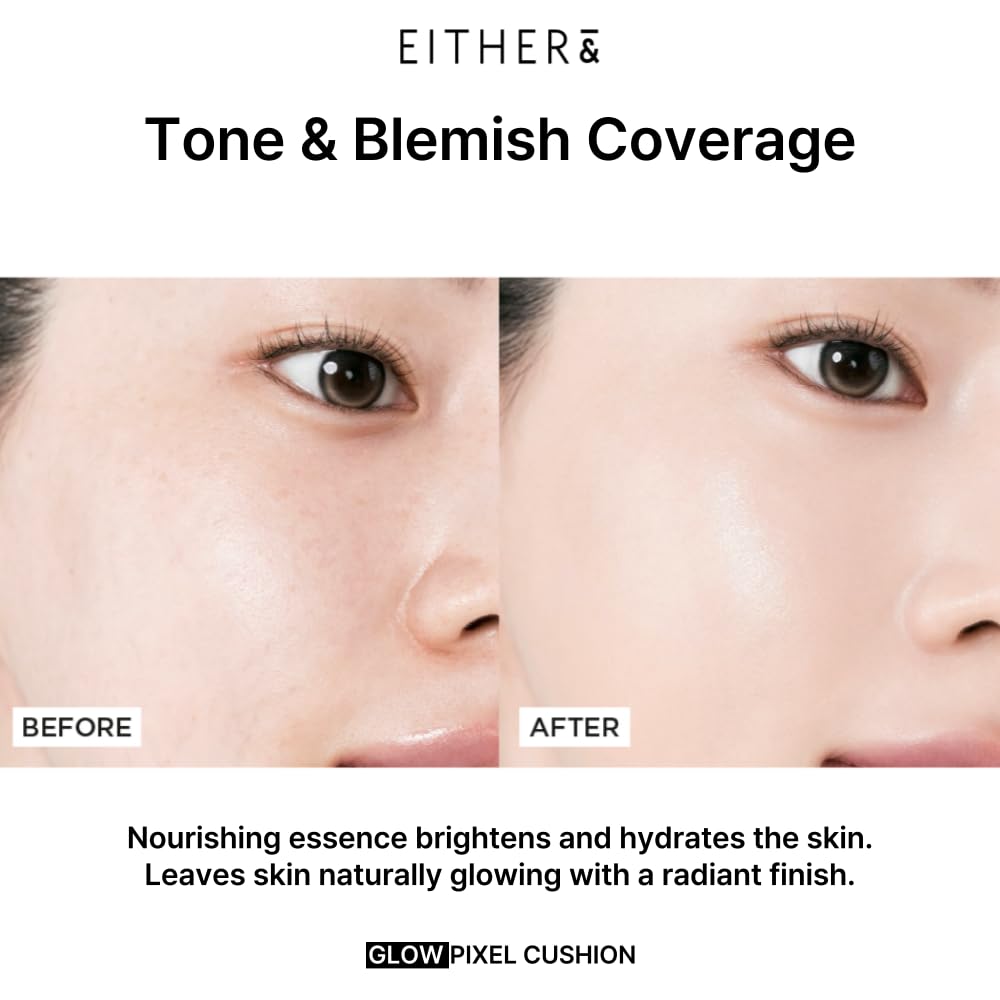 EITHER& Glow Pixel Cushion Foundation, Glowy Skincare, Korean Makeup, Natural Coverage, Moisturizing, Lightweight, Long Lasting Coverage for Flawless Skin (23P Amber)