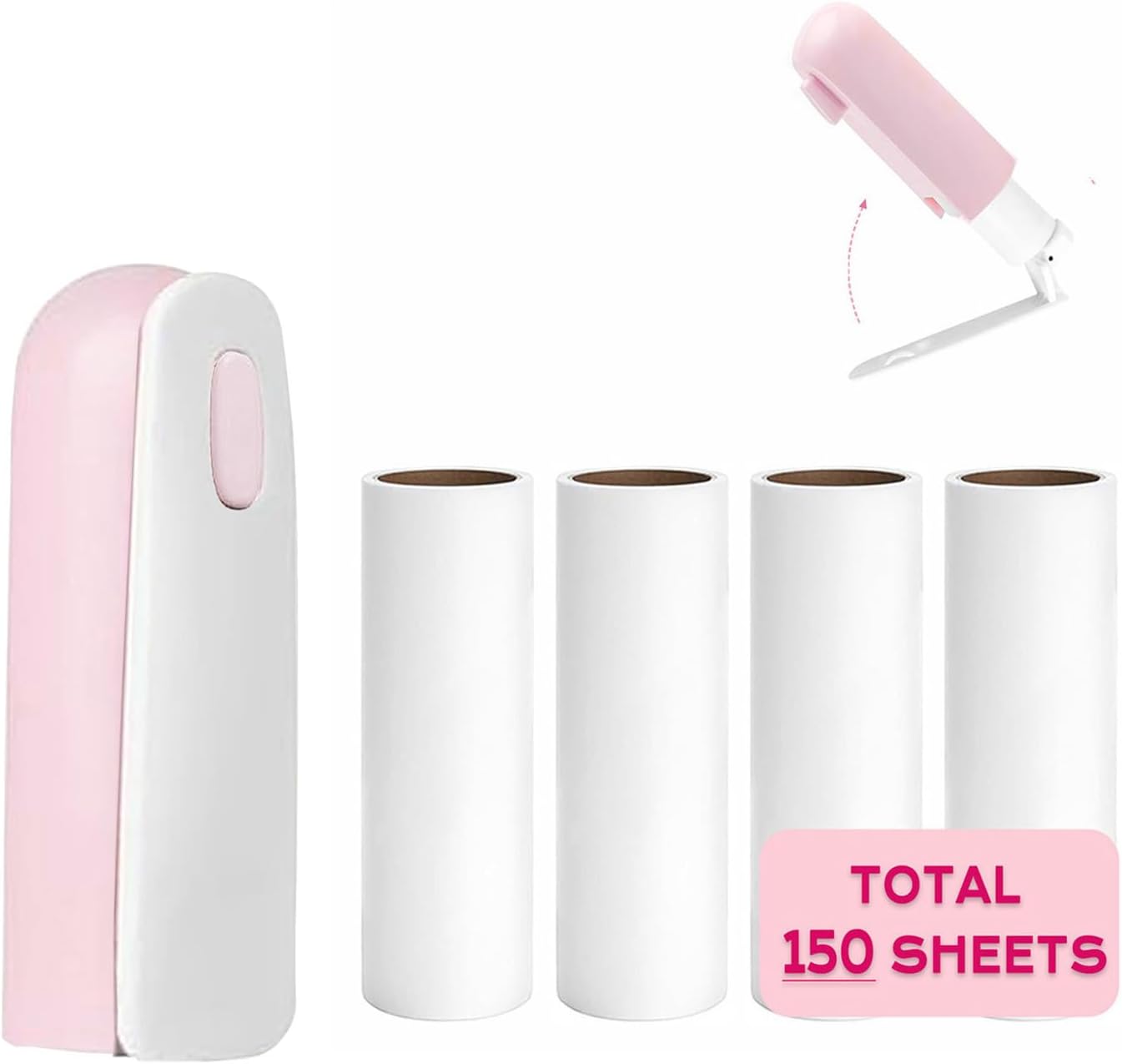 Mini Lint Roller with 150 Sheets, Travel Size Portable Lint Roller Compact Pet Hair Remover with 5 Refills, Sticky Small Lint Remover for Pocket Travel Essentials for Clothes (Pink)