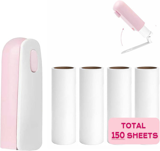 Mini Lint Roller with 150 Sheets, Travel Size Portable Lint Roller Compact Pet Hair Remover with 5 Refills, Sticky Small Lint Remover for Pocket Travel Essentials for Clothes (Pink)