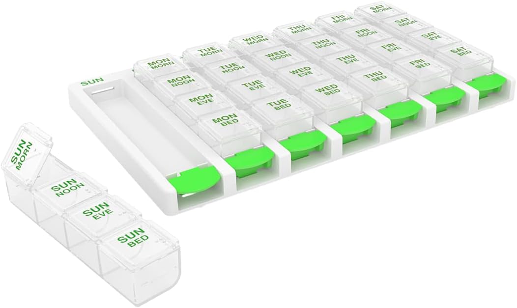 EZY DOSE Weekly (7 Day) 4 Times a Day Push Button Pill Organizer and Vitamin Planner, Removable Daily Pillboxes, Green, Convenient and Easy to Use, Clear Lids, Large, BPA Free