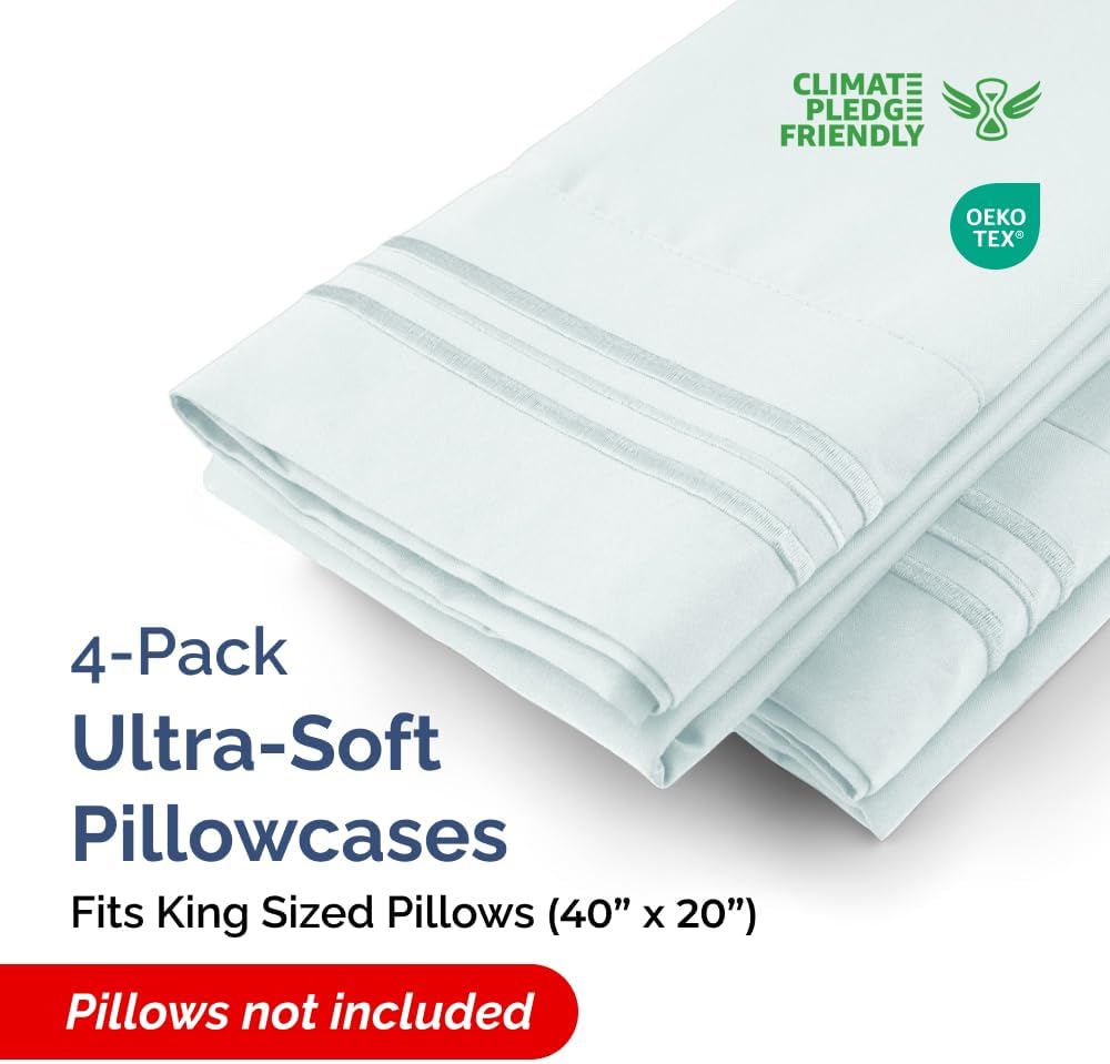 King Pillow Cases Set of 4 - Ultra Soft Hotel Quality Pillowcase Covers - Comfy, Cozy & Wrinkle Free - Shrinkage, Stain and Fade Resistant - Machine Washable Pillow Protectors - 4 Piece Set - Ice Blue