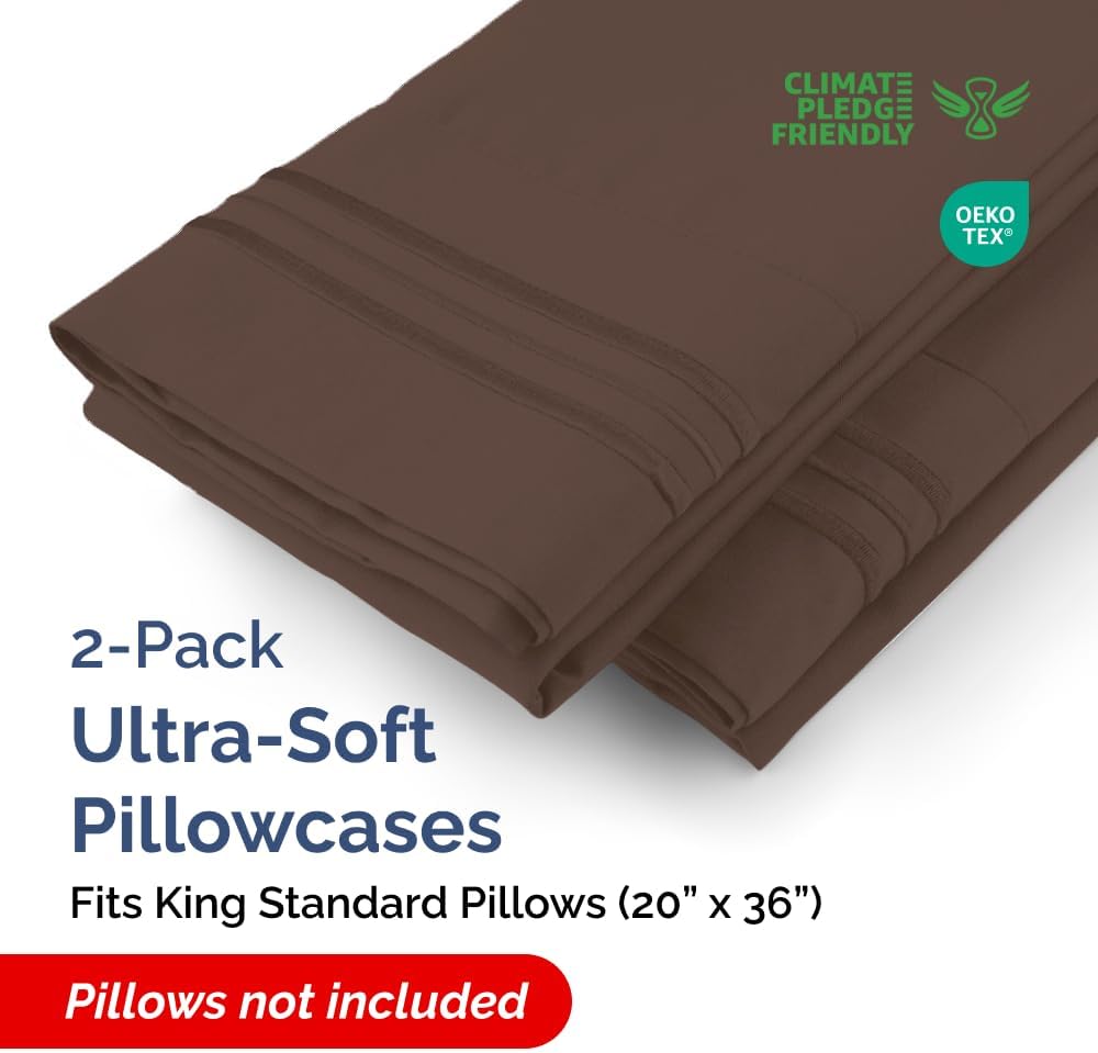 King Standard Pillow Cases Set of 2 - Ultra-Soft Hotel Quality Pillowcase Covers - Comfy, Cozy & Fade Free - Wrinkle Resistant - Machine Washable Pillow Protectors - 2 Piece Set - King Standard Brown