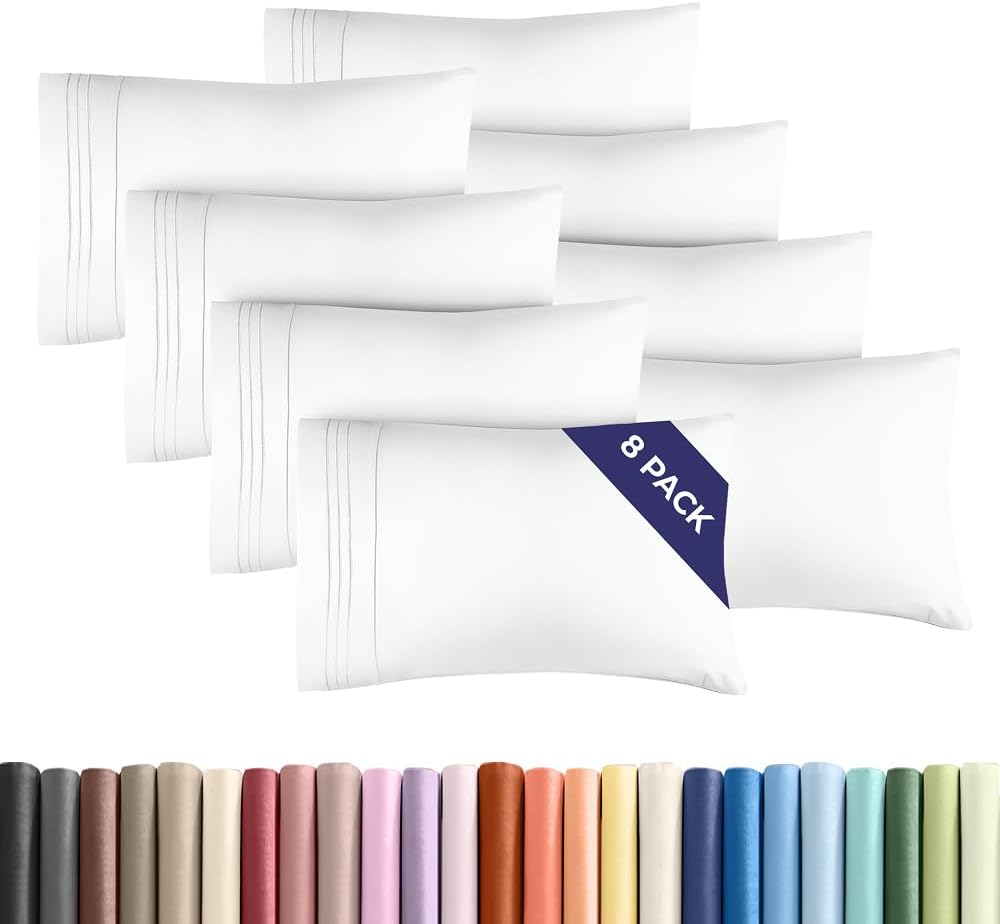 Queen Pillow Cases Set of 8 - Ultra Soft Hotel Quality Pillowcase Covers - Comfy & Wrinkle Free - Shrink, Stain & Fade Resistant - Easy-Care, Machine Washable Pillow Protectors - 8 Piece Set - White