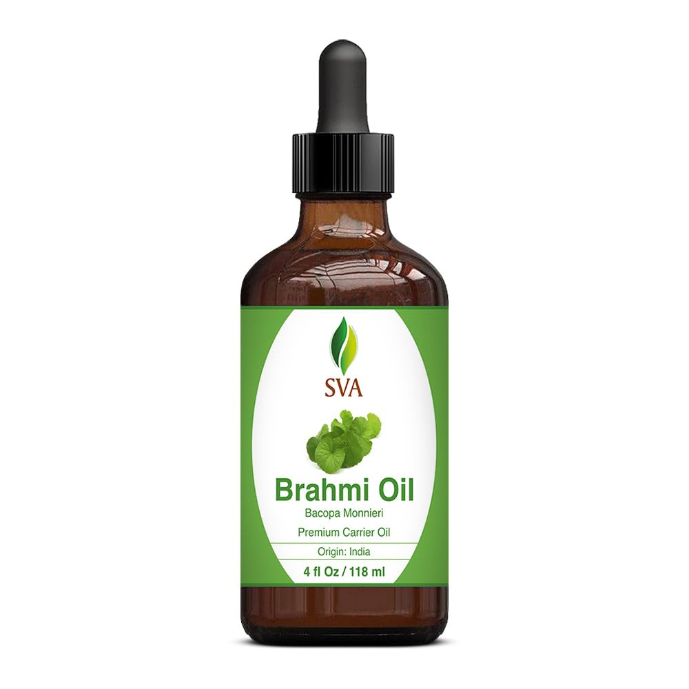 SVA Brahmi Oil - 4 Fl Oz – 100% Natural Cold Pressed Brahmi Oil - for Face, Skin Care, Hair Care, Scalp Massage & Body Massage – Carrier Oil with Dropper