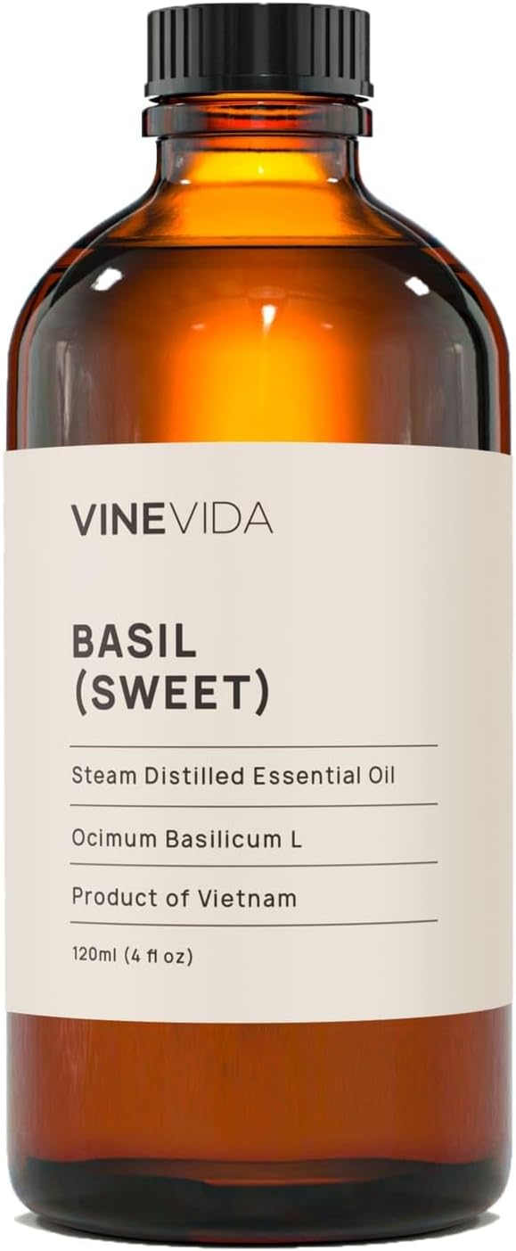 VINEVIDA Sweet Basil Essential Oil 4 oz - Undiluted Oil - DIY Candle Scents - Bulk Oil for Soap Making - Safe for Skin