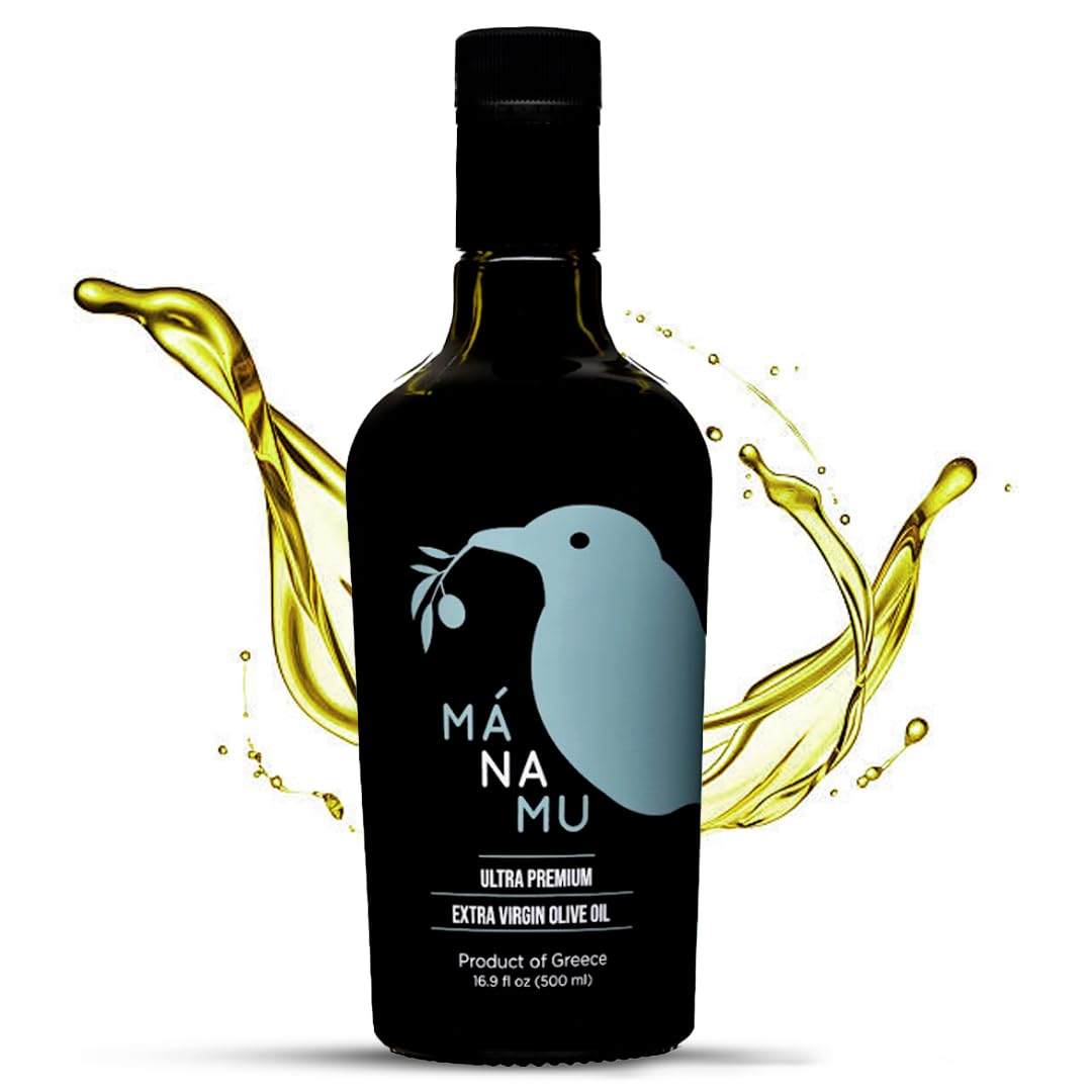 Mánamu Ultra Premium Extra Virgin Olive Oil · 2023 NYIOOC SILVER AWARD · 100% Koroneiki Variety from GREECE · Cold Pressed · Low Acidity · 16.9 Fl Oz (500 ML)