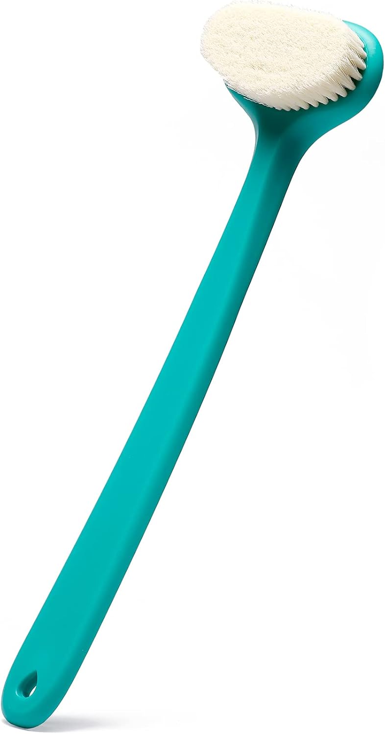 Upgraded Bath Body Brush with Comfy Bristles Long Handle Gentle Exfoliation Improve Skin's Health and Beauty Bath Shower Wet or Dry Brushing Body Brush (14 inch, Green)