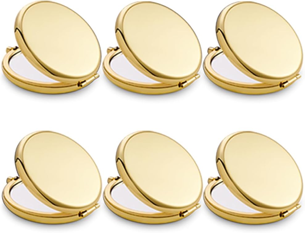 Compact Mirror, Pocket Travel Makeup Mirror for Purse, Metal Round Shell, 2-Sided 1X/2X Magnifying, Portable, Folding, Handheld, Gold, 6 Pack
