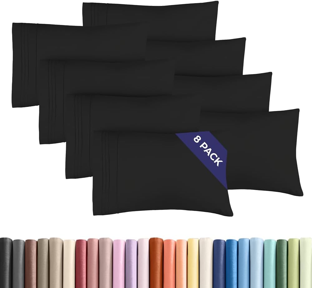 King Pillow Cases Set of 8 - Ultra Soft Hotel Quality Pillowcase Covers - Comfy & Wrinkle Free - Shrink, Stain and Fade Resistant - Easy-Care, Machine Washable Pillow Protectors - 8 Piece Set - Black