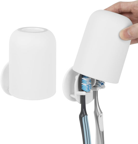 2 Pack Toothbrush Holders for Bathrooms Shower, Wall Mount Toothbrush Organizer with Mouthwash Cup, Self Adhesive Electric Toothbrush Storage, Easy to Clean Toothbrush Hanger