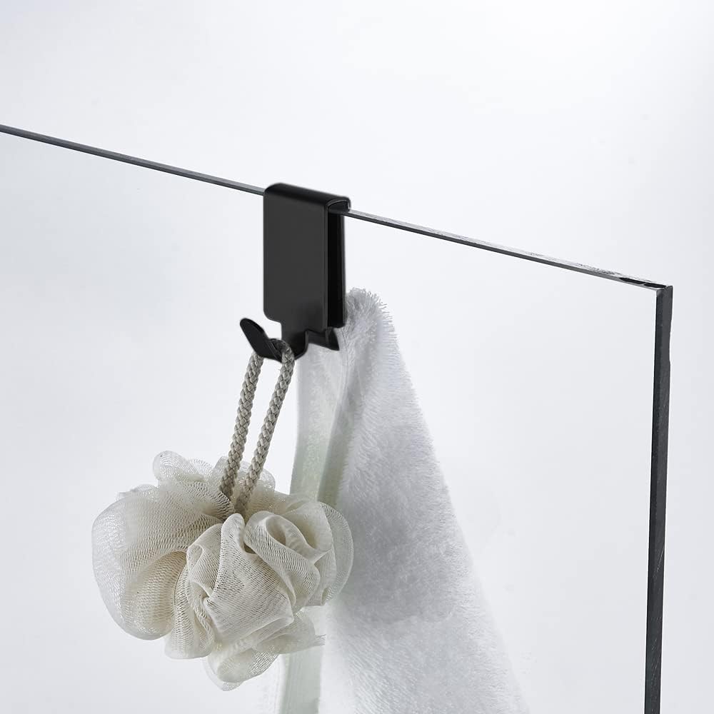 Double Hooks for Glass Shower Door, Towel Hooks Over The Bathroom Glass Wall 0.31-0.39in, Stainless Steel, Black 4 Pack