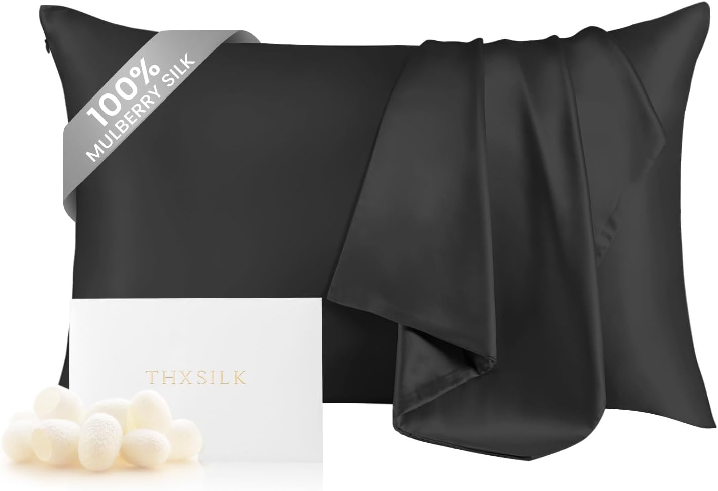 THXSILK 100% Mulberry Silk Pillowcase for Hair and Skin, Both Sides Grade 6A+ Pure Natural Silk, Soft and Breathable Black Zipper Pillowcase, Queen Size 20"x30"