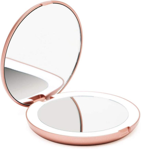 Fancii LED Lighted Travel Makeup Mirror, 1x/10x Magnification - Daylight LED, Compact, Portable, Large 5" Wide Illuminated Folding Mirror - Lumi (Rose Gold)