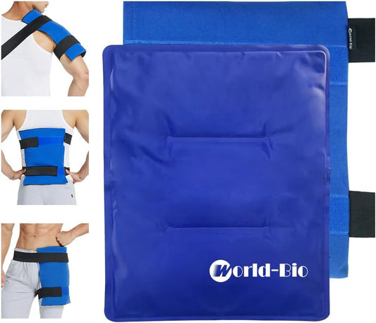 WORLD-BIO Large Gel Ice Pack Wrap for Injuries, Reusable Cold Compress Therapy Ice Pack with Straps for Swelling, Bruises, Hip, Knee Replacement Surgery, Back, Shoulder,11" x 14" Blue