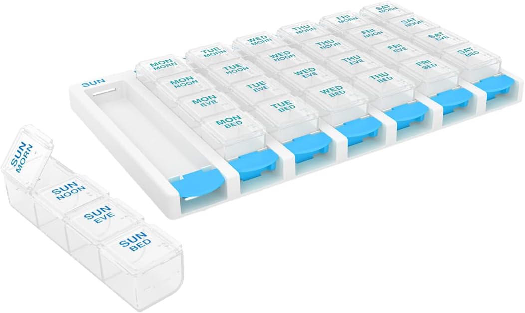EZY DOSE Weekly (7 Day) 4 Times a Day Push Button Pill Organizer and Vitamin Planner, Removable Daily Pillboxes, Blue, Clear Lids, Large, BPA Free