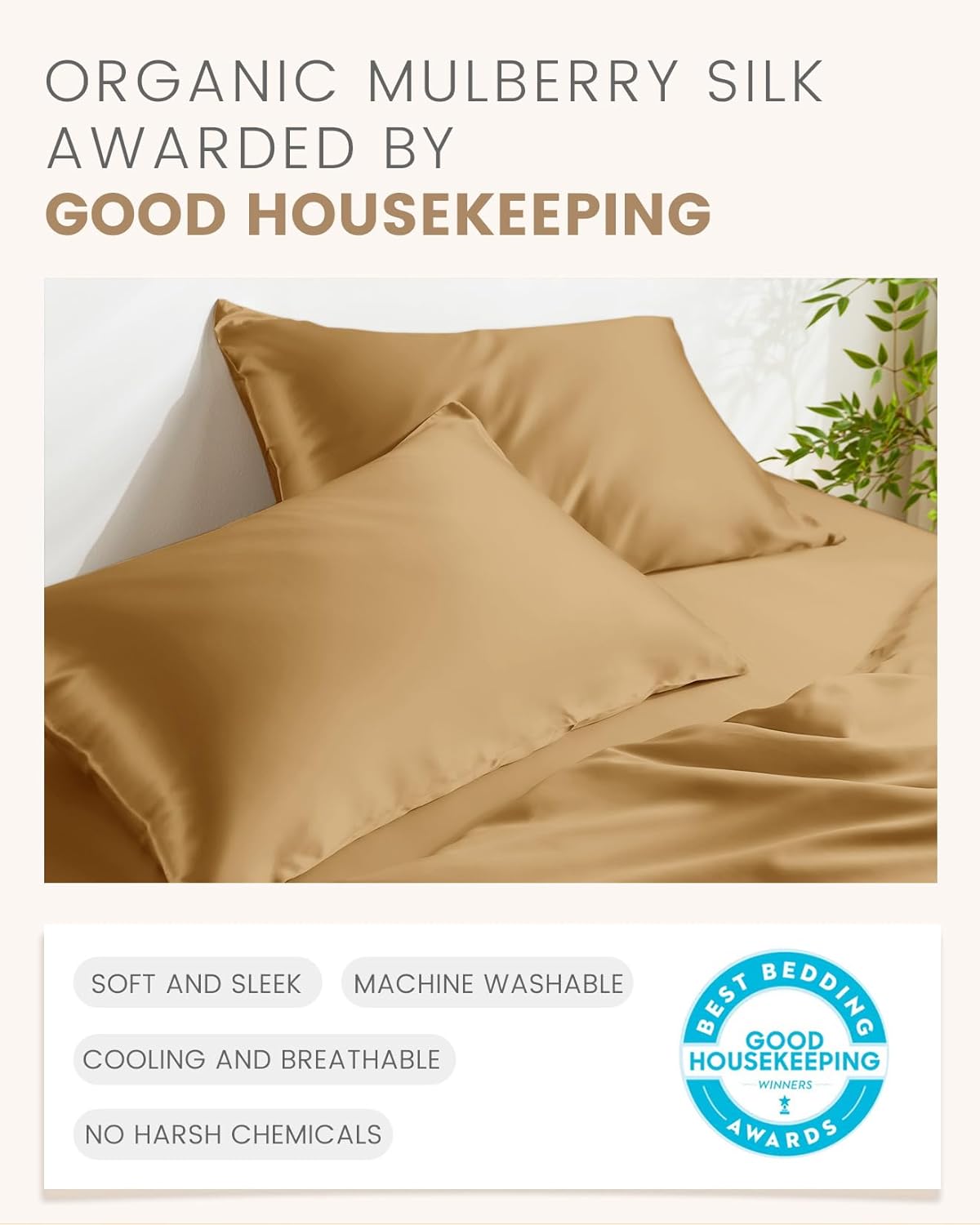 THXSILK Set of 2 100% Mulberry Silk Pillowcase for Hair and Skin Health, Natural Mulberry Silk Soft and Smooth Pillowcases with Hidden Zipper, Grade 6A+ Silk (Standard 20"x26", Metallic Gold)