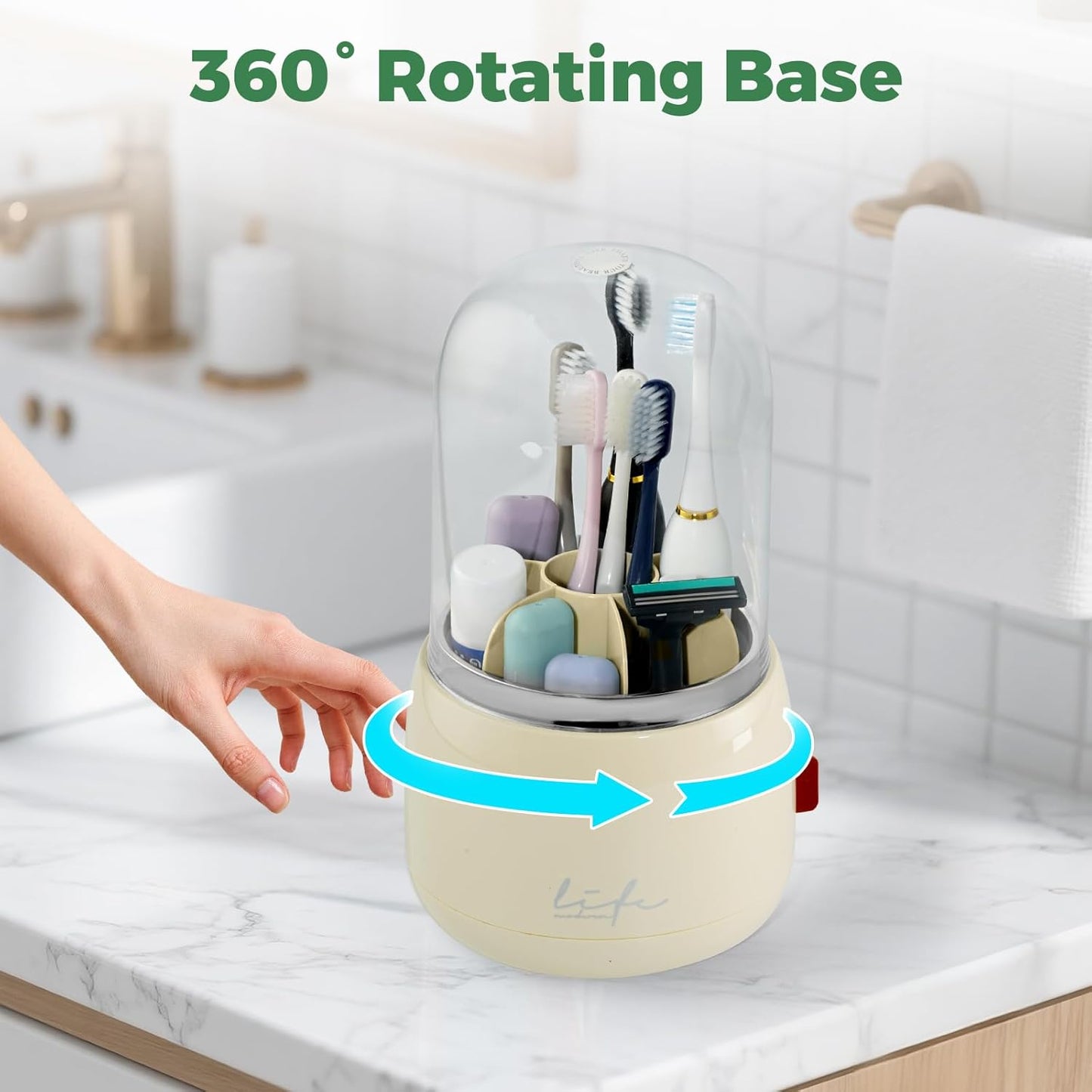 Toothbrush Holders for Bathrooms, Rotating 7 Slots Toothbrush Holder with Cover, Kids Electric Toothbrush and Toothpaste Holders for Caddy for Bathroom Vanity, Sink, Countertop, Beige