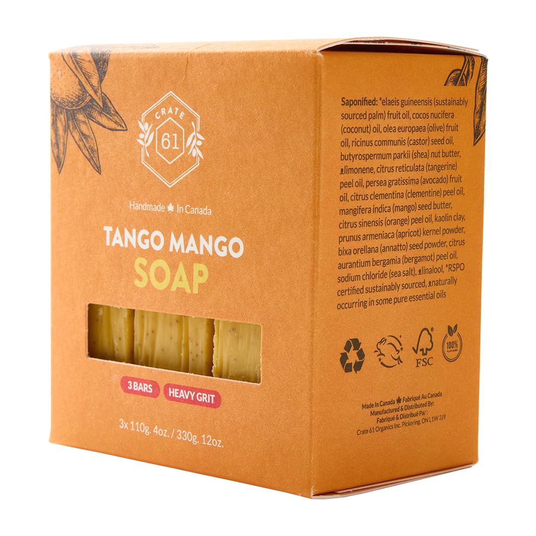 Crate 61 Organics, Handmade in Canada, Plant Based Cold Process Natural Bar Soap For Face And Body, With Premium Essential Oils, For Men And Women 3 Pack (Mango)