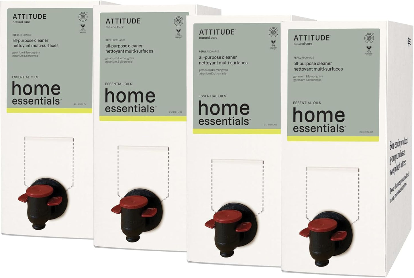 ATTITUDE Multi-Purpose Cleaner with Essential Oils, EWG Verified, Plant and Mineral-Based Ingredients, Vegan Household Products, Bulk Refill, Geranium and Lemongrass, 67.6 Fl Oz (Pack of 4)