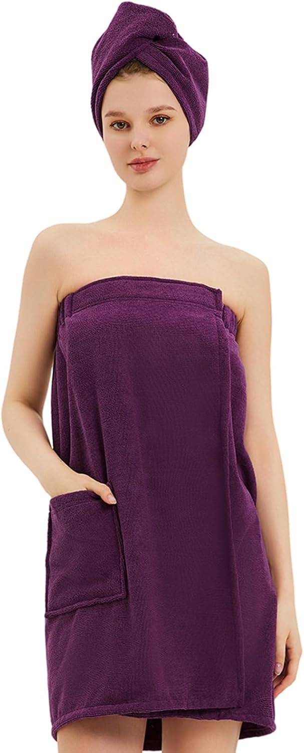 Womens Bath Body Wrap & Hair Towel Shower Spa Wrap Robe Adjustable Closure Bathrobe
