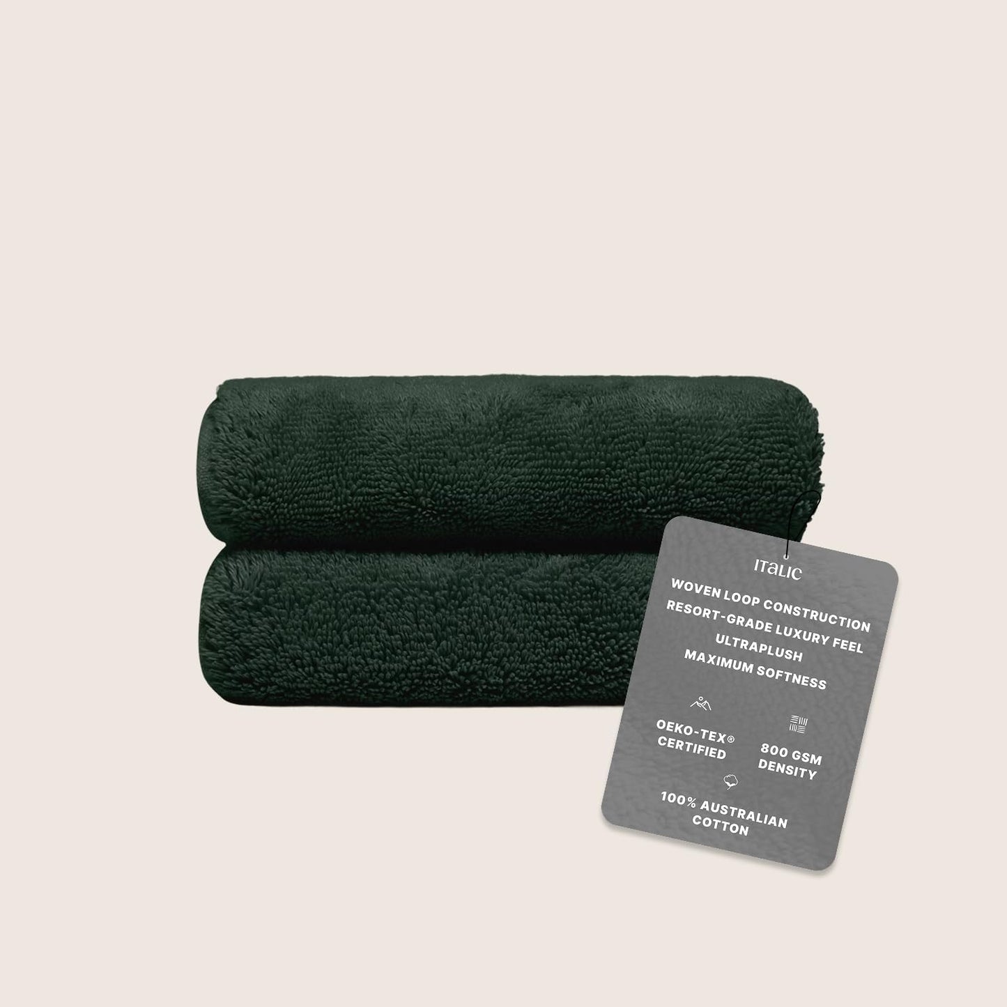 Italic Ultraplush 100% Australian Cotton Hand Towels - Set of 2 Luxury Hand Towels, Ultra Soft and Highly Absorbent 800GSM for Bathroom,Shower, Hotel, and Spa (Deep Forest)
