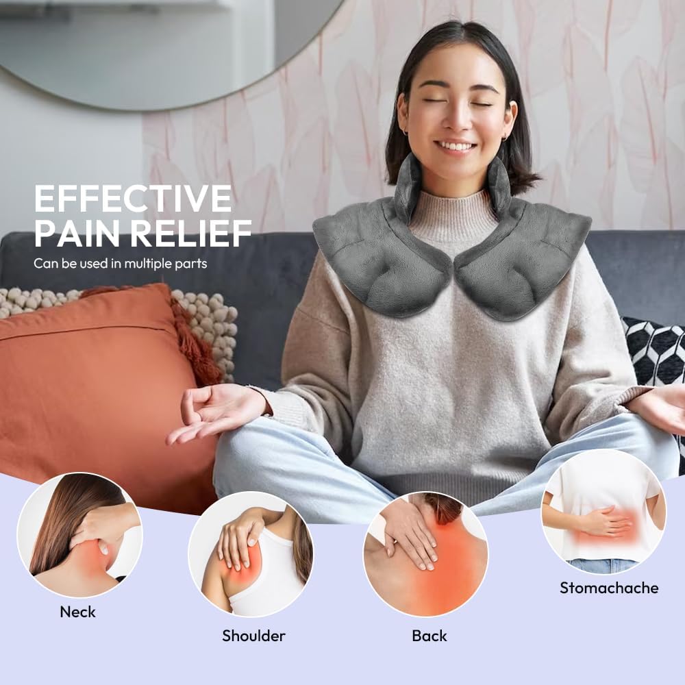 Microwavable Heating Pad for Neck and Shoulders, Weighted Microwave Moist Neck Wrap for Pain Relief Sore Muscle Stress Tension, Heated Wrap with Aromatherapy, Hot & Cold Compress, Grey