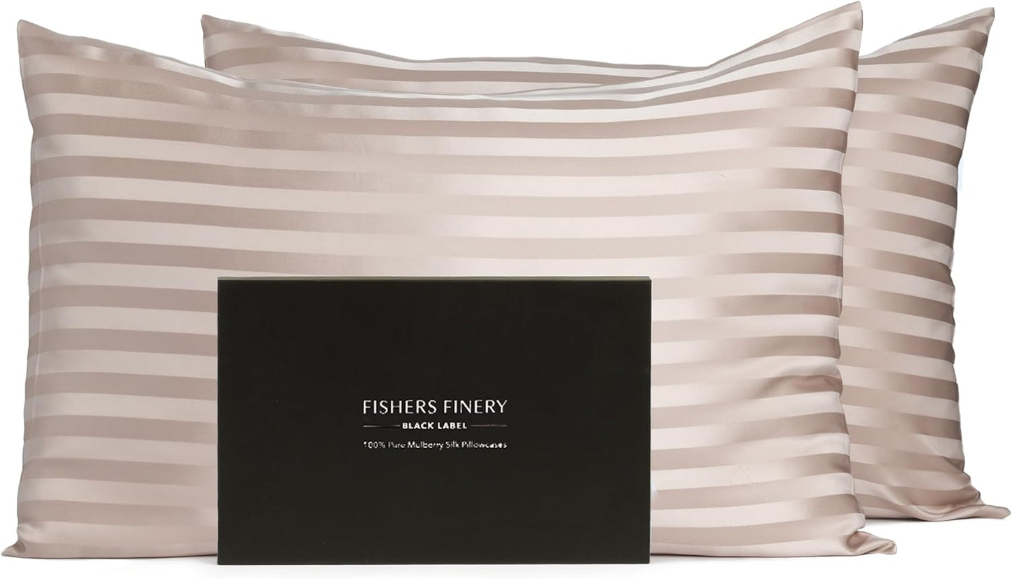 Fishers Finery 30mm 100% Pure Mulberry Silk Pillowcase Set, Quality Tested (Taupe Stripe, Queen, 2 Pack)