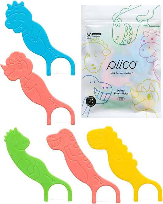 Piico Unflavored Kids Floss - No Fluoride Dual Line Dental Floss Picks - Fun Oral Care in Colorful Floss Sticks Design - Kids Flossers Avoid Tooth Decay & Gum Disease - 80 Count Dino