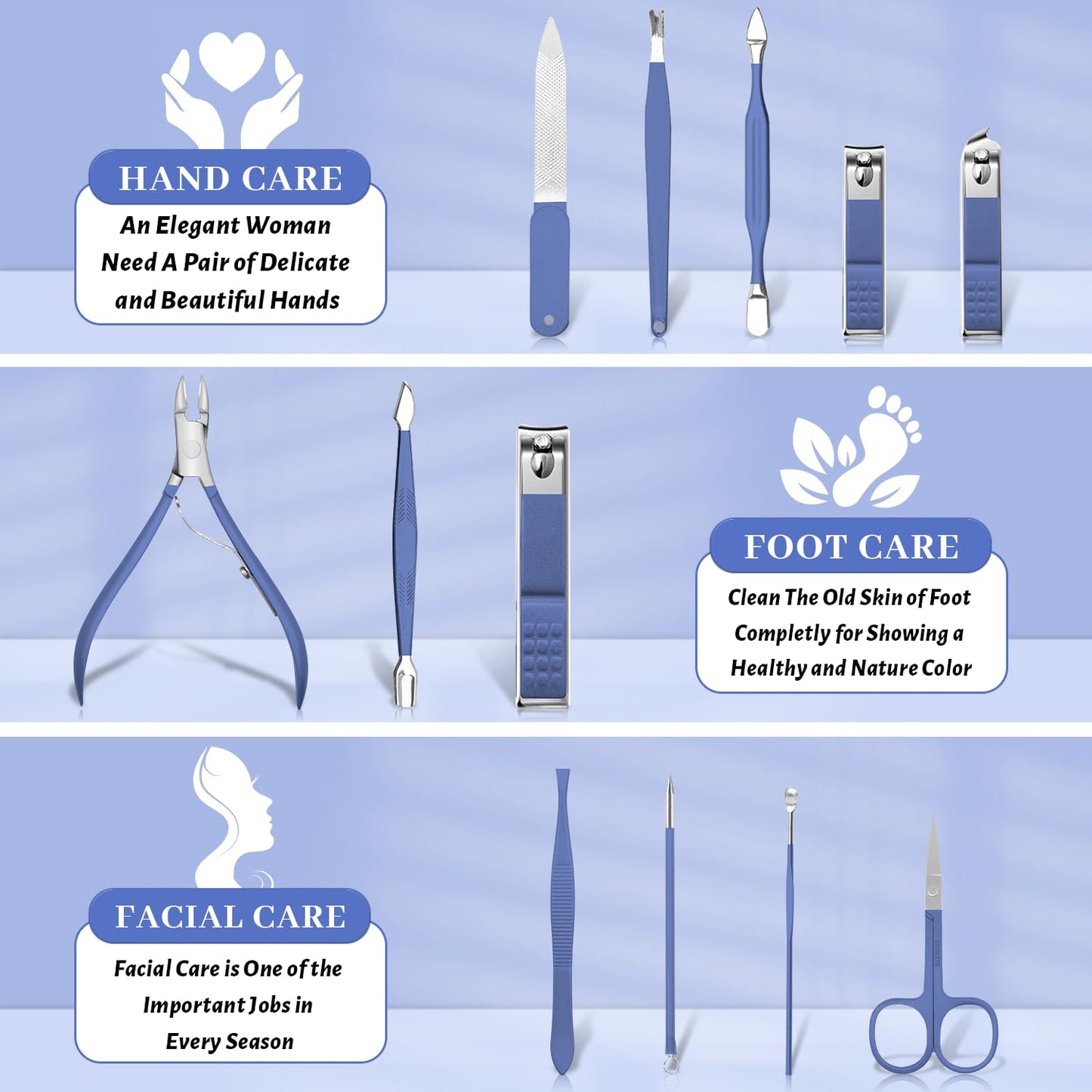 Manicure Set Professional Nail Clippers Pedicure Kit, 12 Pcs Stainless Steel Nail Care Tools Grooming Kit with Luxurious Travel Leather Case for Men Women Gift (Blue)