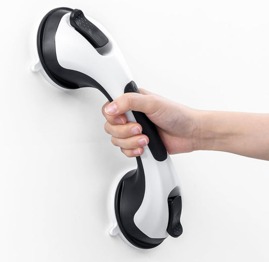 LEVERLOC Shower Grab Bar, 12 Inch Suction Grab Bars for Bathtubs, Shower Handle Handrail for Seniors Bathroom Safety Grip for Elderly, Heavy Duty No Drilling Removable,Black