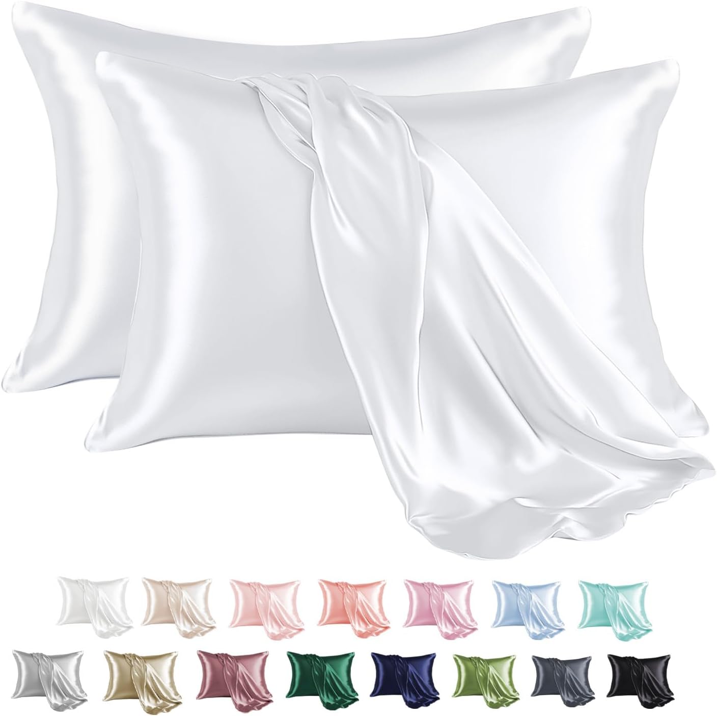 MR&HM Satin Pillowcase for Hair and Skin, Silk Satin Pillowcase 2 Pack, King Size Pillow Cases Set of 2, Silky Pillow Cover with Envelope Closure (20x40, White)