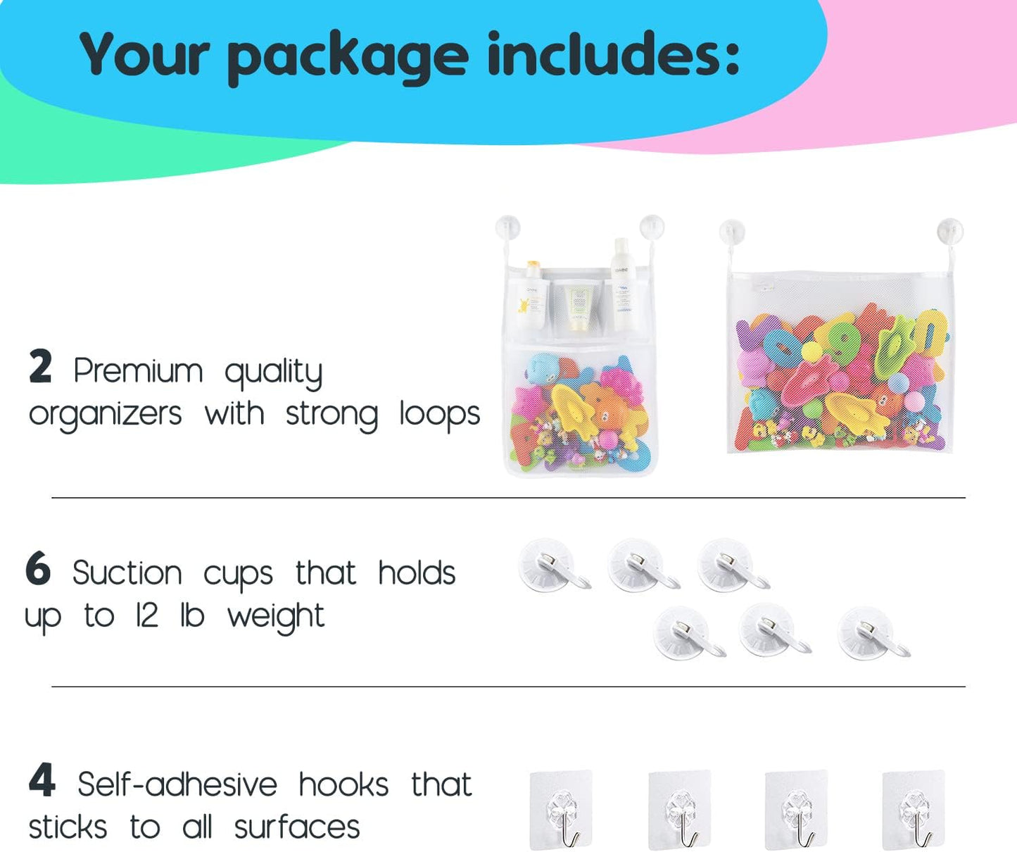 2 x Mesh Bath Toy Organizer + 8 Ultra Strong Hooks – The Perfect Bathtub Toy Holder & Bathroom or Shower Caddy – These Multi-use Net Bags Make Baby Bath Toy Storage Easy – For Kids & Toddlers