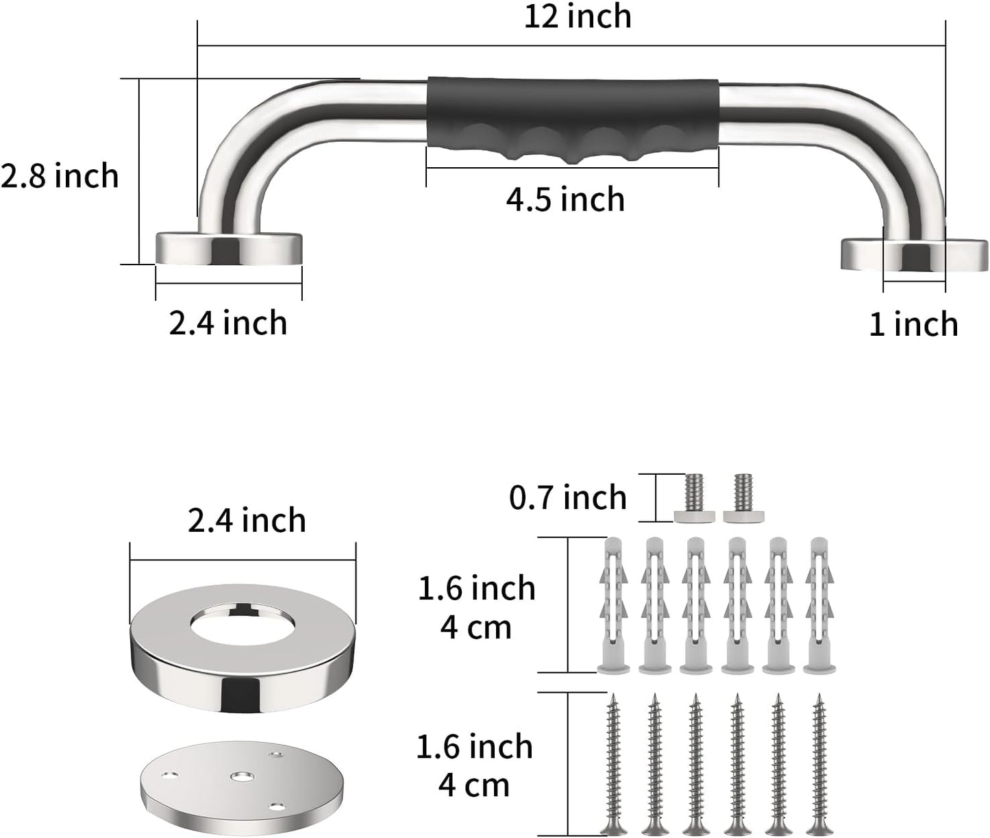 2 Pack 12 Inch Shower Grab Bar w/Anti Slip Rubber Grip, ZUEXT SUS304 Stainless Steel Bath Grab Bar, Bathroom Balance Bar, Wall Mount Safety Handrail Support, Handicap Injury Elderly Assist Handle