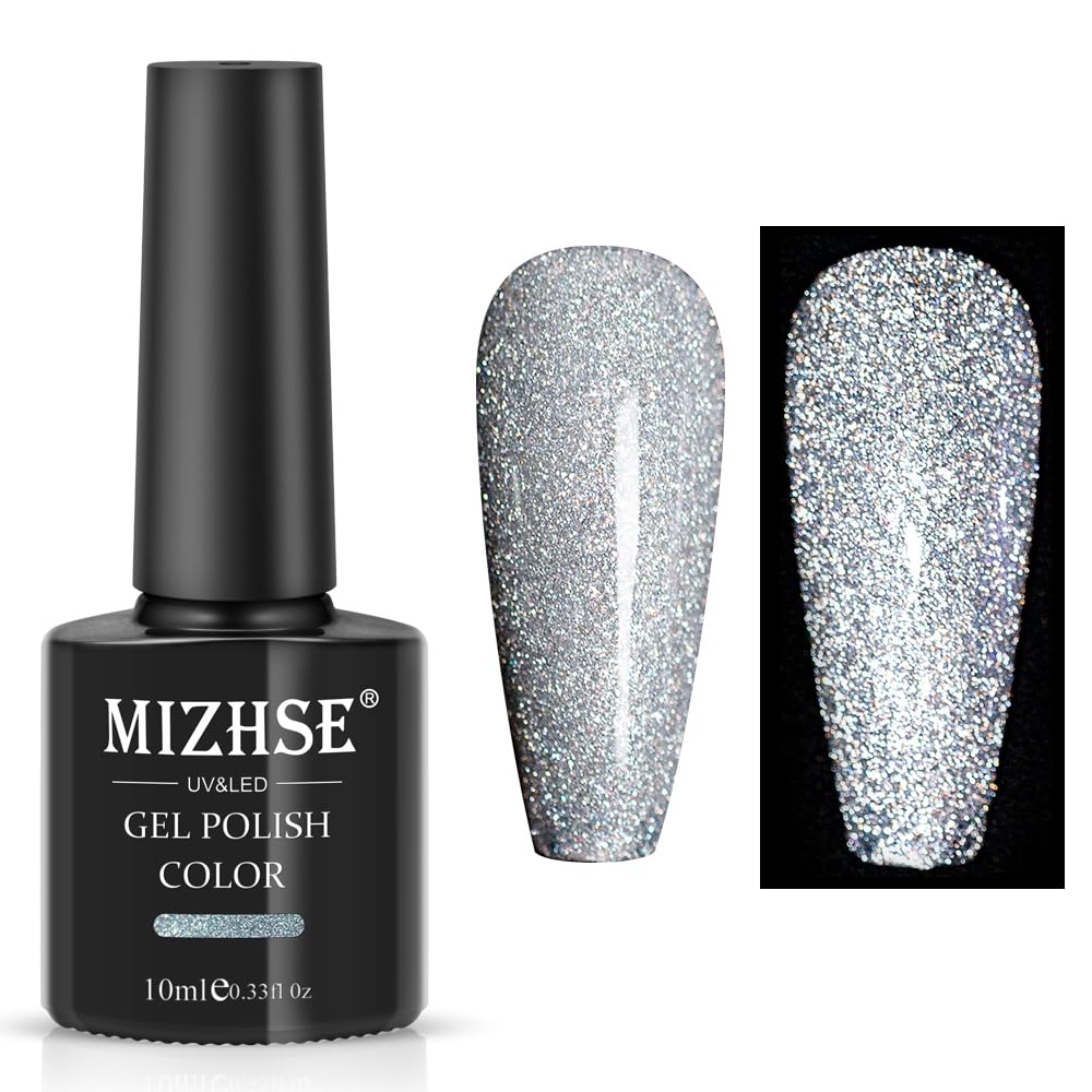 MIZHSE Reflective Glitter Gel Nail Polish, Silver Nail Gel Sparkly Shiny Gel Polish, Soak Off Nail Art Salon Varnish for Beginners Manicure DIY at Home