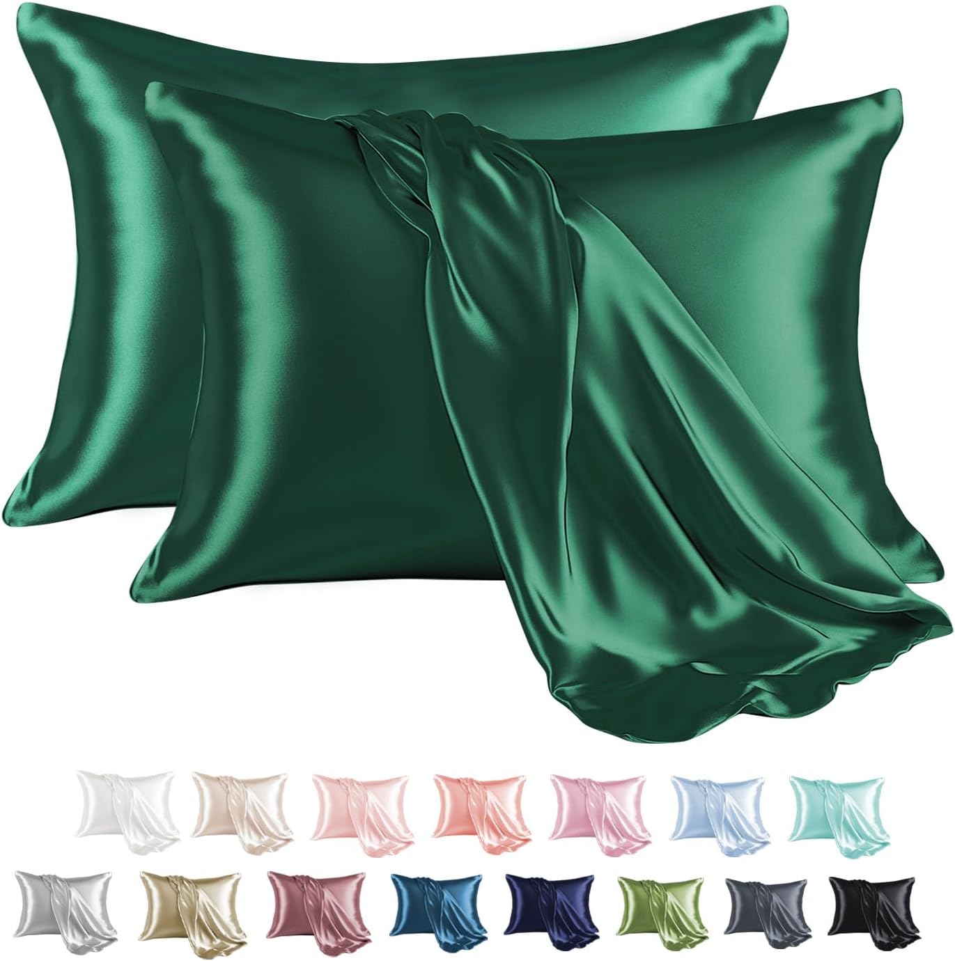 MR&HM Satin Pillowcase for Hair and Skin, Silk Satin Pillowcase 2 Pack, Queen Size Pillow Cases Set of 2, Silky Pillow Cover with Envelope Closure (20x30, Dark Green)