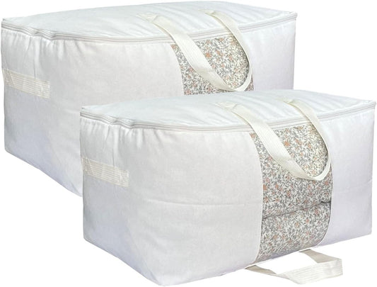 Soft Canvas Clothes Storage Bags with Four Carrying Handles and Clear Window, Closet Organizer for Clothing, Blankets Sheets Pillows and Bedding, 55L, 2 Pack, White
