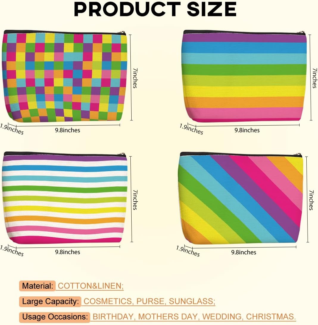 4pcs Colorful Rainbow Makeup Bag, Bright Neon Colors Cosmetic Bag, Christmas Wedding Anniversary Birthday Friendship Gifts for Women Girls Best Friends Therapist Bestie Mom Travel Toiletry Bag