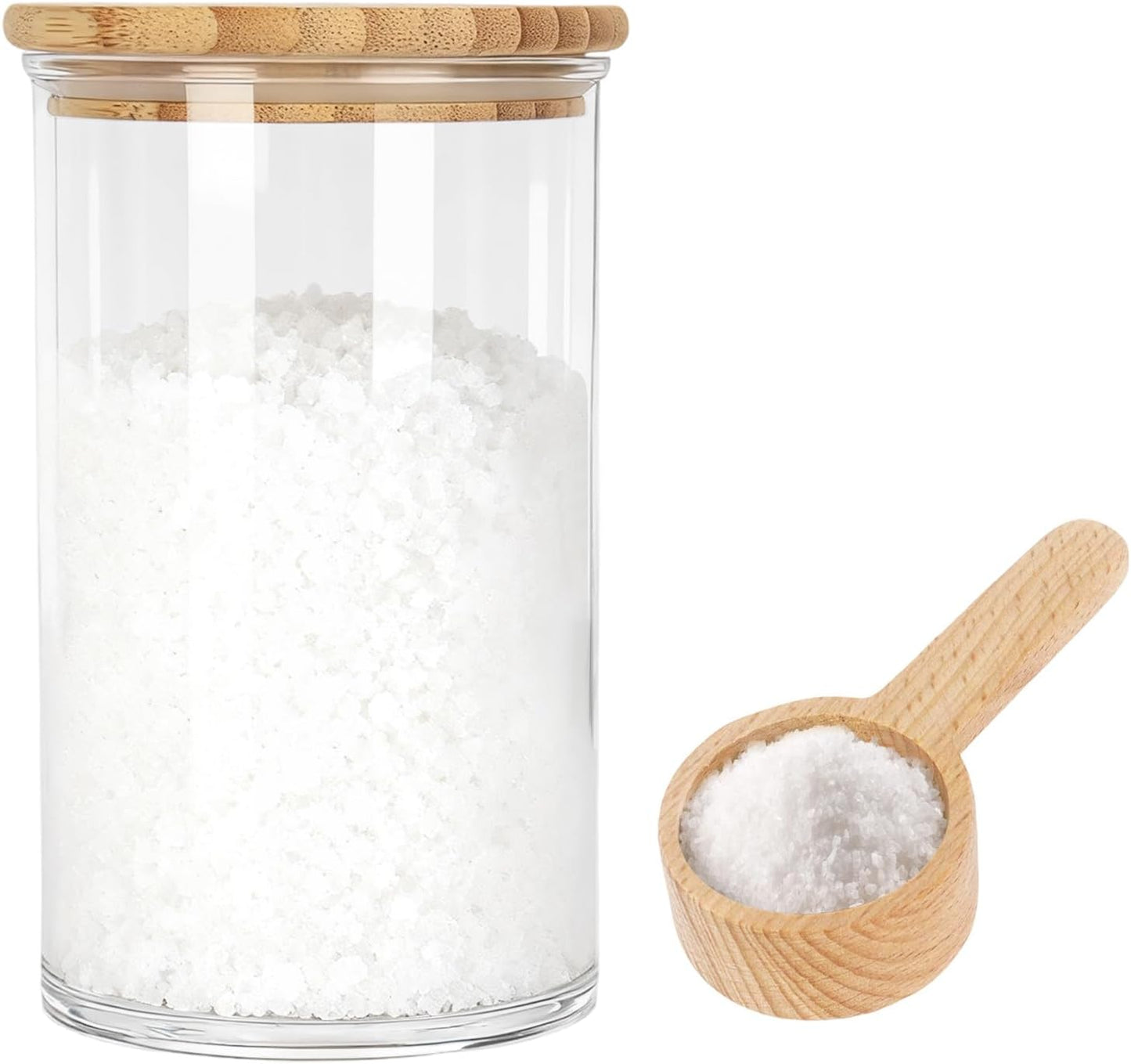 Klmnop 1200ML/42OZ Acrylic Bath Salt Jar with Wooden Scoop, Bath Salt Container with Sealing Lid for Bathroom Kitchen Storage Salt Candy Tea(Clear, Style 2)