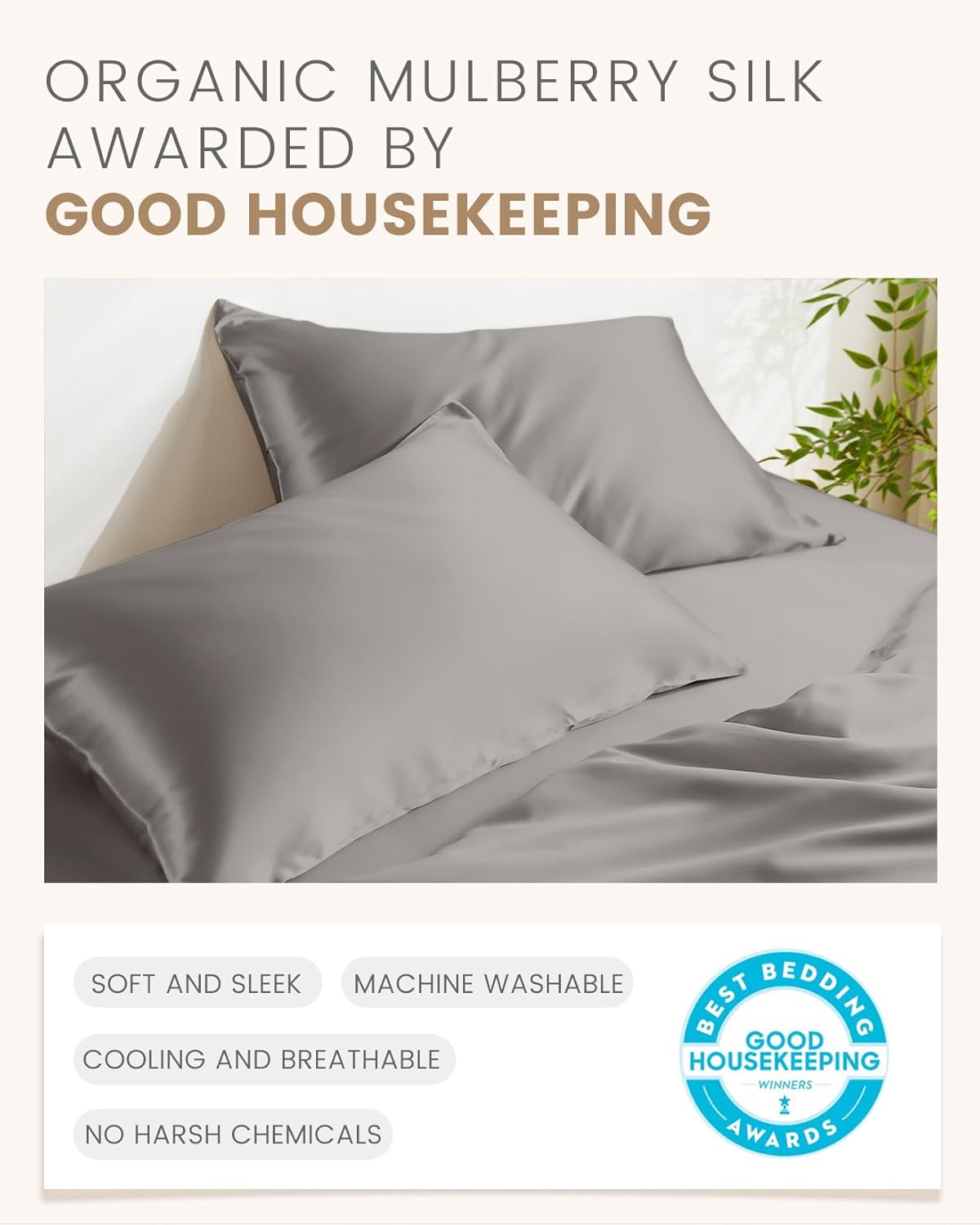 THXSILK Set of 2 100% Natural Mulberry Silk Pillowcase for Hair and Skin, 19 Momme Pillowcases with Hidden Zipper, Soft Breathable Smooth Both Sided Silk Pillow Cover(Standard 20“x26, Grey)