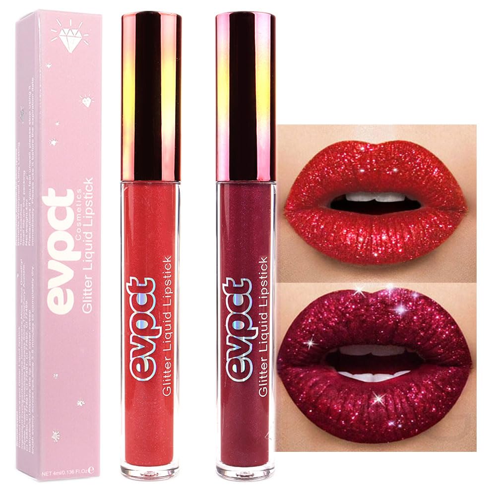 evpct 2Pcs Red Glitter Metallic Shimmer Diamond Lipstick Lip Gloss Stain Set for Women Long Lasting Waterproof, Dark Hot Bright Red Sparkle Glitter Matte long wear Liquid Lipstick Lip Makeup Kit