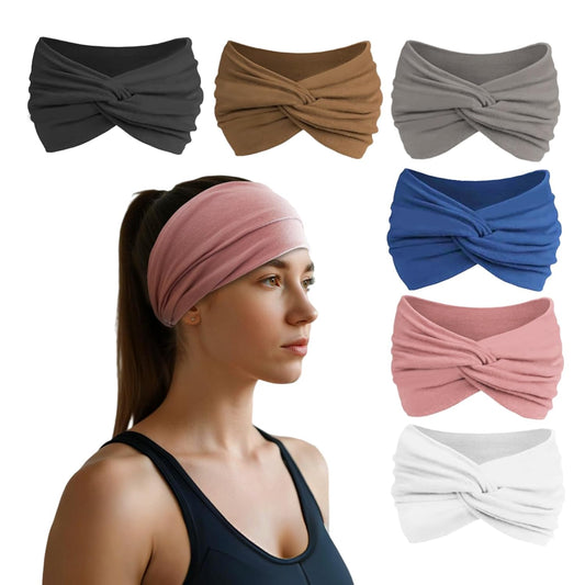 Headbands for Women, Non Silp Wide Hair Bands, Elastic Thick Head Bands, Stretchy Soft Sports Sweat Bands for Spa Workout Running Gym, Twist Knotted Cotton Cloth Turban Hair Accessories 6Pcs