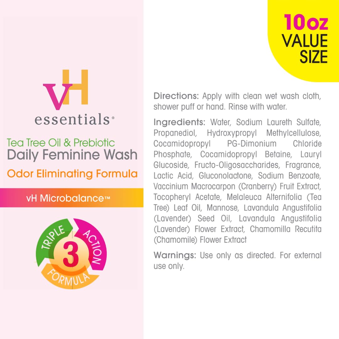 vH essentials Daily Feminine Wash - 10 Fl Oz - Odor Eliminating Vaginal Wash with Tea Tree Oil, Prebiotics and Cranberry, gentle cleanser + pH balancing