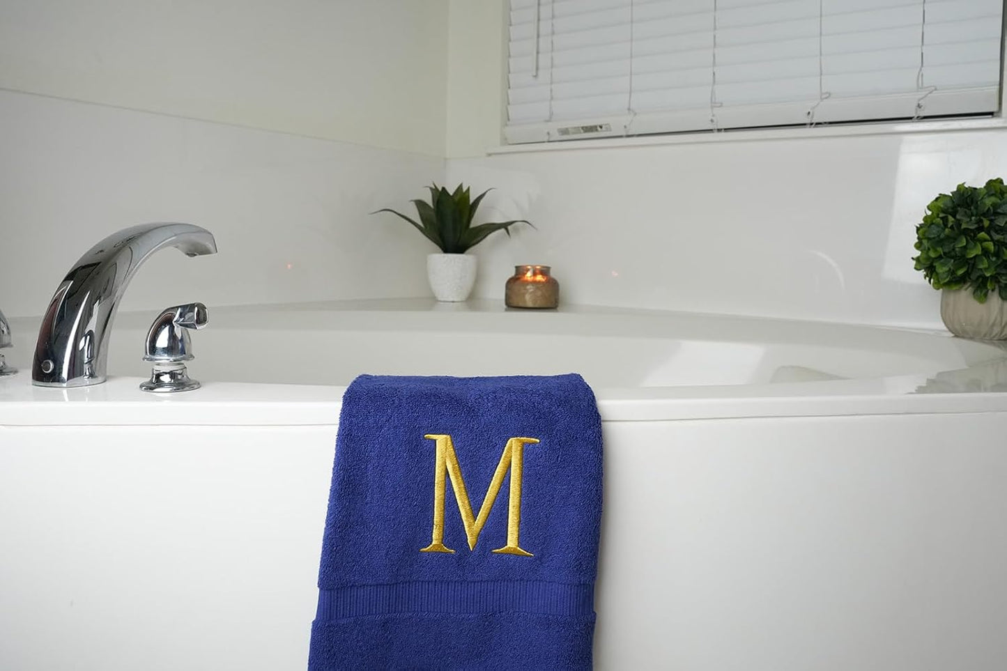 Navy Initial Hand Towel for Bathroom - Monogrammed Luxury Hotel Quality Decorative Embroidered Towel for Powder Room, Spa - GOTS Organic Certified - Pack of 2, Letter M