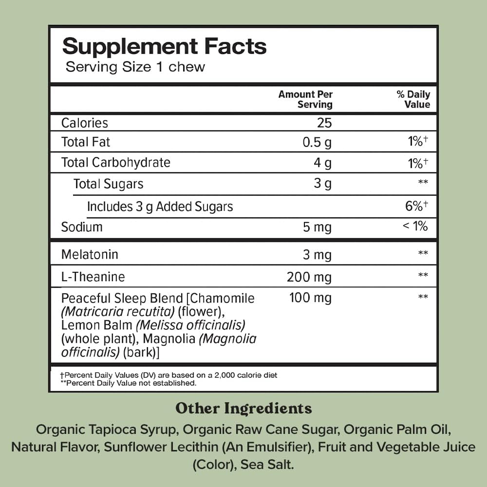 Chewsy Peaceful Sleep Chews, Sleep Support, 3 mg Melatonin, 200 MGS L-Theanine, Chamomile, Lemon Balm, Magnolia, Nighttime Sleep Aid, Naturally Minty Chews, Promotes restful Sleep, 6 -Day Supply (1)