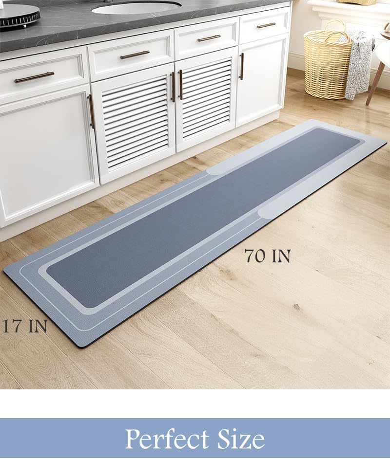 MontVoo Bath Mat & Runner - Long Non Slip Super Absorbent & Quick Dry - Thin Bath Mat Fits Under Door - 17"x70" Blue