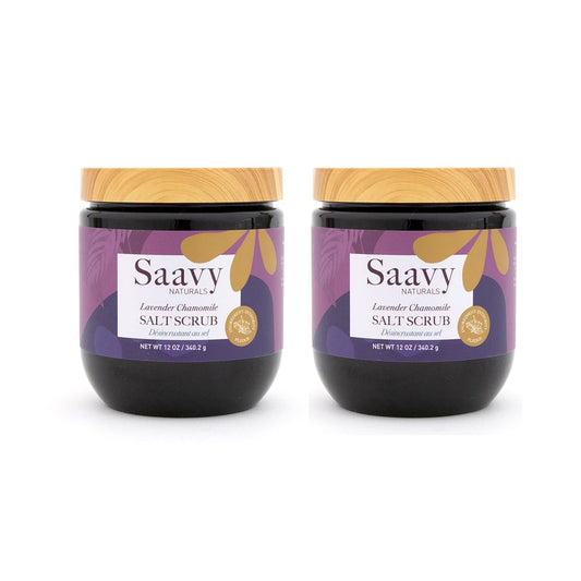 Saavy Naturals Lavender Chamomile Salt Scrub, blend of mineral rich, Dead Sea salts infused with organic oils, Vegan Natural Body Scrub with Vitamin E, Gift Set, 12 Oz 2 Pack -Made in the USA